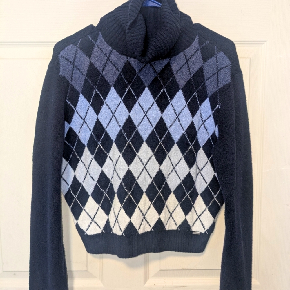 Hollister Argyle Turtleneck Sweater - Black and Gray Medium Like New